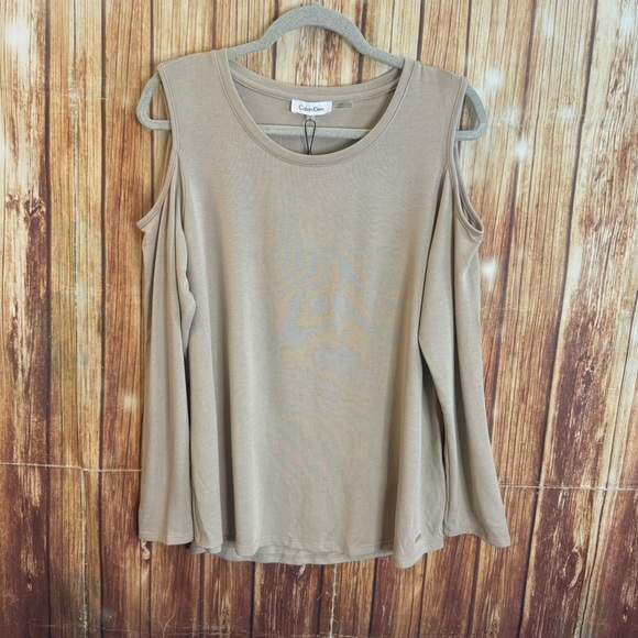 Calvin Klein Women’s Scoop Neck Long Sleeve Cold Shoulder Tan Blouse Size Large - Picture 5 of 13